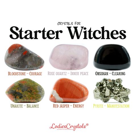 This is a starter witches crystal set of 6 crystals. Bloodstone, rose quartz, black obsidian, unakite, red jasper and pyrite. This starter witches set includes: ☆ 6 crystals are listed above with sizes 2 - 2,5 cm. ☆ Information glossy card with the properties of crystals. ☆ Velvet bag for your stones. ☆ Gift card (optional). ☆ Everything is packed in a small elegant box with a ribbon ready to be given as a gift. ☆ CRYSTALS PROPERTIES ☆ Bloodstone - courage Rose quartz - Inner peace Black obsidian - clearing  Unakite - balance Red jasper - energy Pyrite - manifestation  ☆ HOW TO USE ☆ You can use the crystals in whatever way works for you, such as wearing them in your pocket, placing them on your desk or on a windowsill, or simply holding it in your hand every time you need to be reminded o Crystals Witchcraft, Witchcraft Crystals, Witch Powers, Crystal Healing Chart, Tumbled Crystals, Crystal Uses, Witch Spirituality, Wiccan Spell Book, Spiritual Crystals