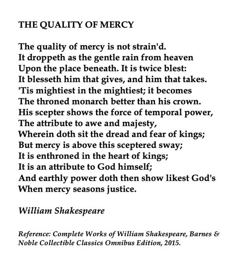 William Shakespeare, The quality of mercy is not strain'd. 💞🌍🌎🌏💞Reference: Complete Works of William Shakespeare, Barnes & Noble Collectible Classics Omnibus Edition, 2015. The Quality Of Mercy Is Not Strained, William Shakespeare Frases, Favorite Poems, Lovely Words, William Shakespeare Quotes, Shakespeare Quotes, New Beginning Quotes, Words Worth, French Quotes