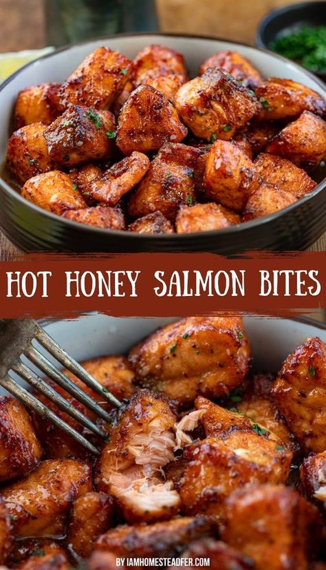 Hot Honey Salmon Bites are seasoned bite-sized pieces of salmon, perfectly cooked in an air fryer, and then smothered in a sweet and spicy hot honey glaze. Serve the salmon bites as an appetizer or the main course with a side dish. Healthy Dinner Salmon Recipes, Spicy Salmon Cucumber Boats, Spicy Salmon Recipe, Spicy Honey Garlic Salmon Bites, Things To Do With Salmon, Healthy Dinner Ideas Salmon, Easy Salmon Bites Recipes, Spicy Honey Glazed Salmon, Air Fryer Dinner Recipe