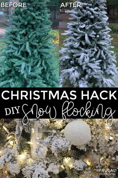 Interested in an Inexpensive Tree Upgrade? Take that artificial Christmas tree and make it look brand new with this DIY SnoFlock Christmas Hack. Snow flocking is so incredibly easy and can be done in an few simple steps! How to decorate a White Christmas Tree. #Christmastree #flocking #snowflock #Christmashacks #hacksandtips #tips #hacks #Christmasdecor #snoflock #snoflocking #whitechristmastree #christmastree #christmastreedecor #flocked #flockedtree #flockedchristmastree #flocking Decorate A White Christmas Tree, Christmas Hacks Diy, Dollar Diy, Pinterest Christmas, Jolly Af, Fake Christmas Trees, Frosted Christmas Tree, Christmas Tree With Snow, Flocked Trees