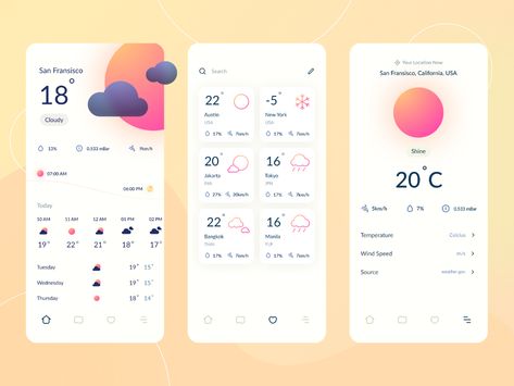 Weather Conceptual App Design by 𝒂𝒅𝒊𝒏 𝒚𝒂𝒏𝒖𝒂𝒓 🥶 for Pixelz Studio on Dribbble Travel Website Design, Ux Design Mobile, Creative Market Design, Weather Cards, Weather App, Directory Design, App Interface Design, Webdesign Inspiration, Cute Images With Quotes