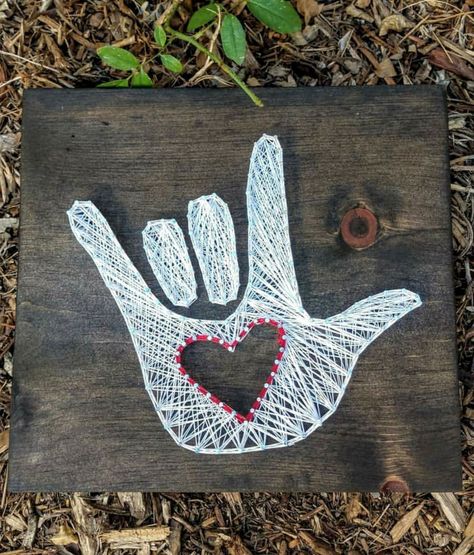 Heart shaped string art with ASL I love you sign. Artist Beth Sweeting Closter IG @aflingwithstring #asl #art #truelove #love #forever Diy Asl Crafts, Asl Art Project, Asl I Love You Crochet Pattern, Asl Crafts, Crochet Asl I Love You, I Love You Sign Language Embroidery, String Nail Art, Asl Art, Asl Classroom