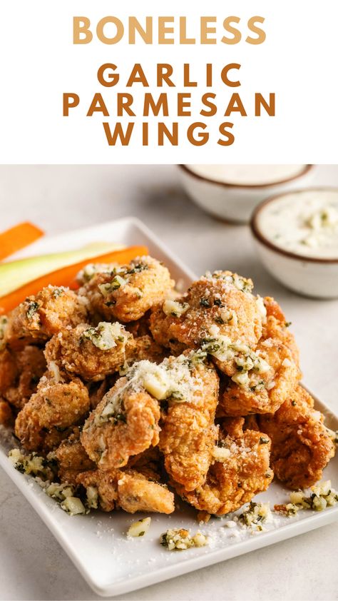 Boneless Garlic Parmesan Wings Boneless Garlic Parmesan Wings, Easy Boneless Chicken Wings, Keto Boneless Chicken Wings, Wing Stop Garlic Parmesan Wings Recipe, Easy Boneless Wings Recipe, Creamy Garlic Parmesan Chicken Wings, Boneless Wings Recipe Air Fryer, Boneless Chicken Wings Air Fryer, Hot Boneless Wings