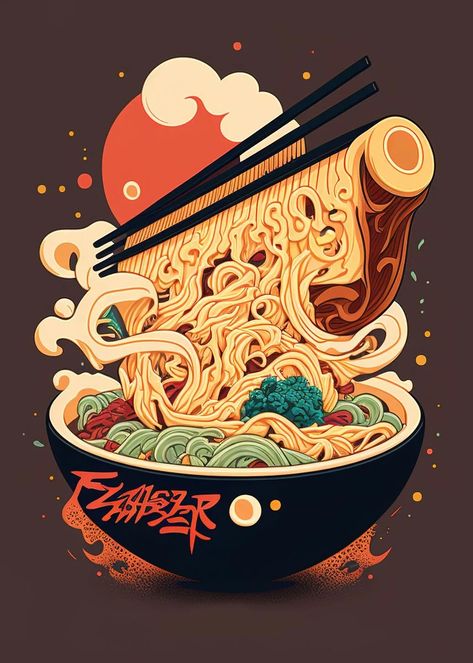 Asian Food Illustration, Ramen Korea, Japanese Food Poster, Ramen Illustration, Sushi Illustration, Kitchen Wall Prints, Japanese Food Illustration, Asian Wallpaper, Food Business Ideas