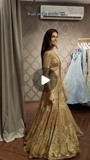 Isa by Dolly Wahal on Instagram: "Golden girl vibes ✨From dreamy trials at the studio to finally wearing the lehenga at her brother’s wedding, we’re obsessed with how stunning Suman looks in our fit 🥰 // You can shop this look in a colour of your choice using the link in bio 💞  #bridalinspiration" Golden Lehenga, Sangeet Outfit, Golden Girl, Bridal Inspiration, Her Brother, Golden Color, The Studio, Lehenga, Link In Bio