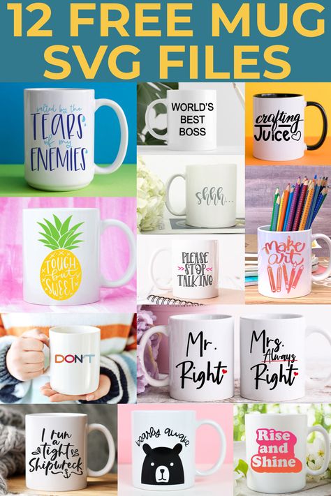 Get 12 free mug SVG files and use them to update your coffee cups with your Cricut machine! #cricut #svg #freesvg Juice Crafts, Diy Mug Designs, Mrs Always Right, Mug Svg, Country Chic Cottage, Diy Mugs, Mug Press, Cricut Joy, Infusible Ink