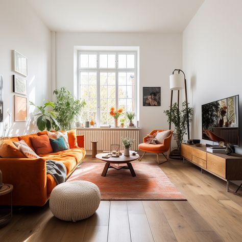 Mid Century Modern Small Space, Mcm Living Room Apartment, Sweden Interior Design, Living Room Designs Scandinavian Style, Living Room Orange Accents, Spacious Living Room Ideas, Small Eclectic Apartment, Colorful Mid Century Modern Living Room, Japandi Eclectic