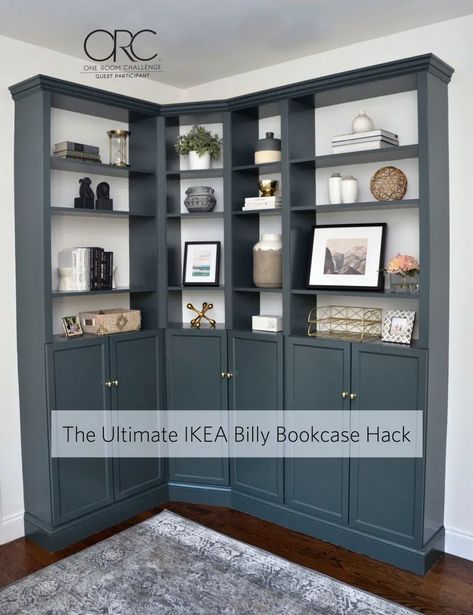 One Room Challenge: The Ultimate IKEA Billy Bookcase Hack Reveal! – Our Home Becoming Corner Built In, Bookcase Hack, Billy Ikea, Billy Bookcase Hack, Ikea Inspiration, Ikea Billy Bookcase Hack, Ikea Bookcase, Ikea Living Room, Corner Bookshelves