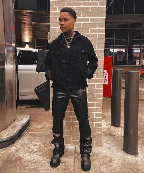 Birthday Outfits Black Male, Black Man Concert Outfit, Men Leather Outfit Aesthetic, Club Fits For Men, Men Black Leather Pants Outfit, Black Male Club Outfits, Men Birthday Dinner Outfit, Men’s All Black Outfit Ideas, Leather Pants Outfit Men Street