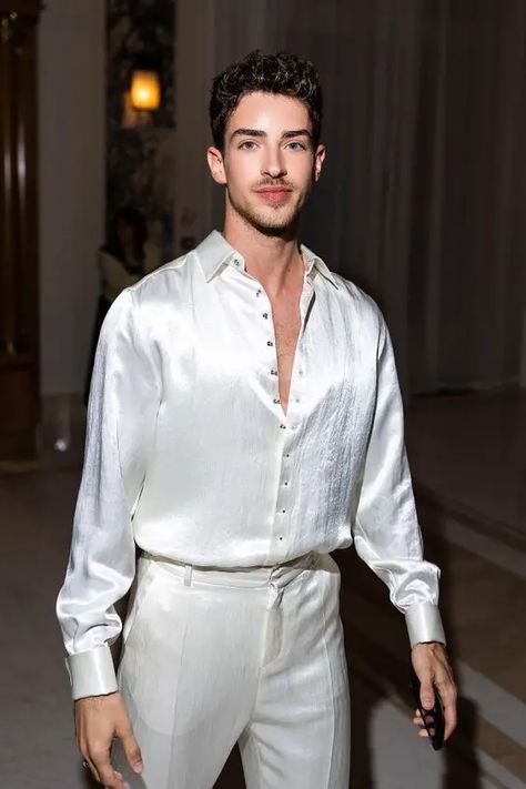 Top 20 Men's Party Outfits for 2024: Bold Trends & Stylish Wardrobe Ideas - Elevate Your Party Look Manu Rios White Outfit, Satin Suit Men, Party Outfit Men Night, Dwts Outfits, Two Piece Casual Outfits, Metallic Aesthetic, Party Outfit Men, Satin Shirts, Shirts And Pants