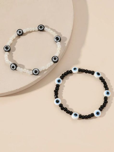 2pcs Couple Evil Eye Decor Beaded Bracelet | SHEIN USA Gelang Beads, Evil Eye Decor, Bracelet For Girls, Eye Decor, Daisy Bracelet, Manik Manik, Artificial Jewellery, Homemade Jewelry, Bracelet Ring