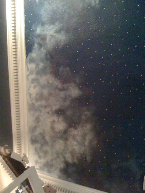 Starry Sky Ceiling Mural, Night Sky Celling, Dark Ceiling Nursery, Nursery Ceiling Mural, Star Mural Ceiling, Ceiling Painted Like Sky, Ceiling Paint Ideas Murals, Painted Ceiling Stars, Paint Stars On Ceiling