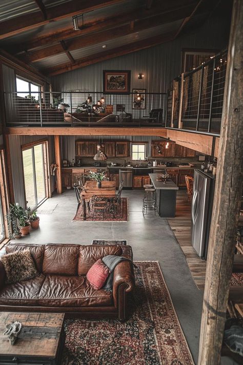 High angle view of a lofted barndominium interior farmhouse style with modern and industrial elements. Take a look inside these barndominium interiors and get inspired with rugged charm to create a cozy, stylish living space. Living Room And Kitchen Floor Plan, Barndominium Cathedral Ceiling, Modern Rustic Ranch House Interior Design, Barndominium With Small Living Space, Designing A Barndominium, Living Room Ideas Barndominium, Guest House Barndominium, Barndominium With Atrium, Farm Style Apartment