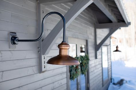 Gooseneck Exterior Lighting, Copper Gooseneck Exterior Light, Barn Lights Exterior, Copper Exterior Lighting, Copper Outdoor Lighting, Barn Makeover, Garage Lights, Barn Lights, Barn Light Electric