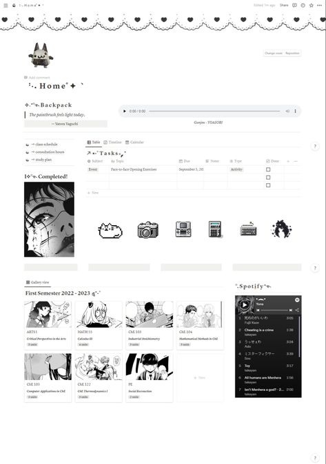 I only use this for task management since I’m not fond of overly complicated templates. The gallery below contains basic information about my courses so they’re basically there just for aesthetic reasons (lmao). Aesthetic Blog Template, Goth Notion Template, Gothic Notion Template, Cardd Inspo, Study Planner Free, Notion Inspiration, Notion Library, Notion Inspo, Notion Ideas