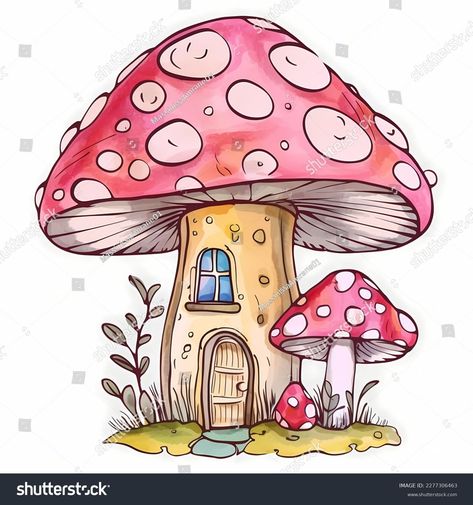 Toadstool House Drawing, Mushroom House Drawing Fairies, Mushroom Cottage Drawing, Mushroom Home Drawing, How To Draw A Mushroom, Mushroom House Cartoon, Cartoon Mushroom Drawing, Mushroom House Illustration, Mushroom House Painting