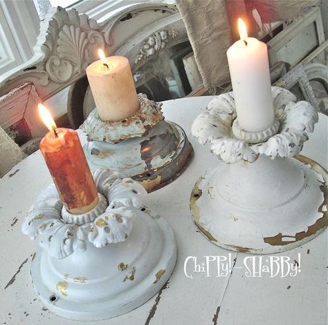 Old light fixtures as candle holders..ChiPPy! - SHaBBy!: **ChiPPy!-SHaBBy!** Re-Purposed WHITE WEDNESDAY!*!*! Old Light Fixtures, Stick Decor, Old Lights, Repurposed Items, Country Bedroom, Cool Ideas, Diy Projects To Try, Repurpose, Chandeliers