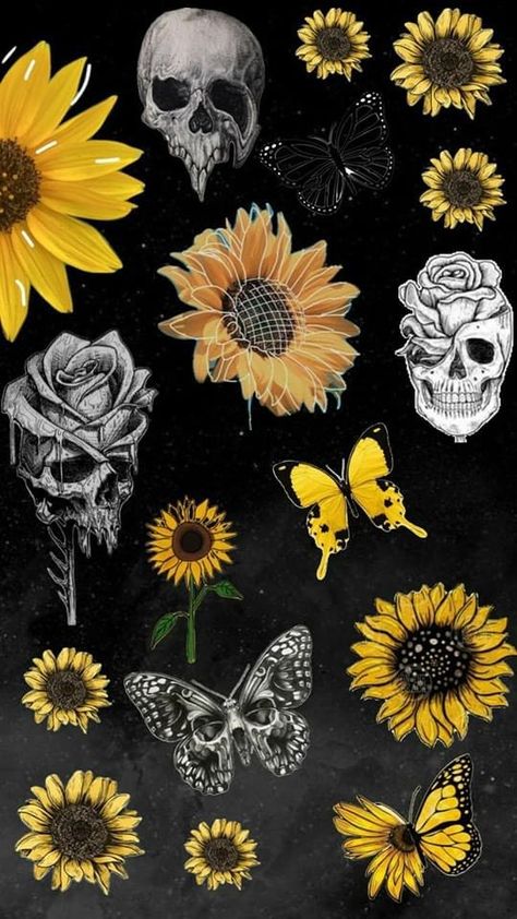 Sunflower And Skull Wallpaper, Sunflower Skull Wallpaper, Skulls And Sunflowers Wallpaper, Sunflowers And Skulls, Spooky Sunflower, Skull And Sunflower, Skull Wallpaper Iphone, Skeleton Artwork, Butterfly Sunflower