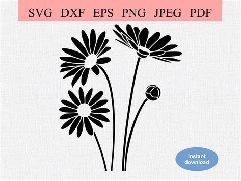 Wild Daisies Stencil / SVG DXF EPS / Pretty Blooming Daisy Flowers with Flower Bud / Cut Floral Daisy Arrangement / Daisy Silhouette Cricut Daisy Stencil, Daisy Vector, Daisy Silhouette, Daisy Flower Drawing, Wild Daisies, Butterfly Cushion, Stencil Svg, Grunge Paper, Ith Machine Embroidery