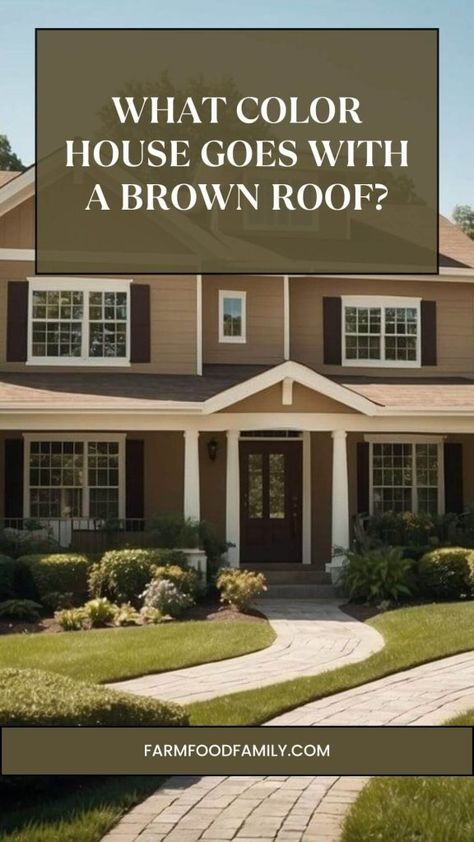 What Color House Goes with a Brown Roof: Ideal Palettes for Curb Appeal 18 Exterior House Colors With Brown Windows, Home Colors With Brown Roof, Brown Roof Color Scheme, Stucco House Colors Exterior Paint Ideas Brown Roof, Exterior House Colors Tan Roof, Exterior Color Palette Brown Roof, Roof Color For Cream House, Gaf Shingle Colors, Exterior Paint For Brown Roof