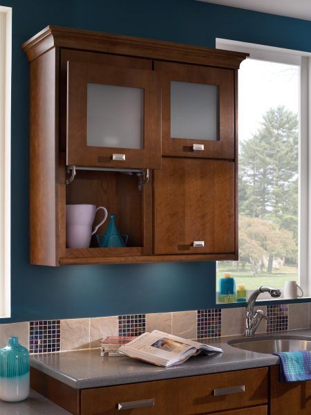 Vertical Lift Door | Schuler Cabinetry at Lowes Organization For Kitchen Cabinets, Schuler Cabinets, Walnut Kitchen Cabinets, Cabinetry Kitchen, Mountain Kitchen, Kitchen Cabinet Samples, Walnut Kitchen, Cherry Kitchen, Cherry Cabinets