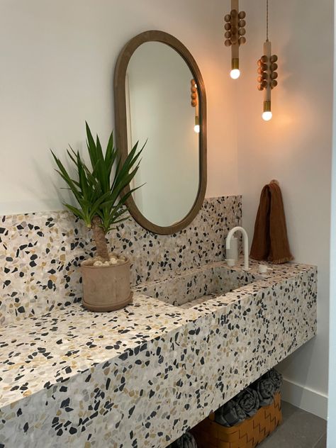 Terrazzo Bathroom Counter, Terrazzo Bathroom Counter Tops, Guest Bathroom Terrazzo, Terazzo Bathroom Counter, Terrazzo Sink Bathroom, Terrazzo Sink, Terrazzo Countertop, Terrazzo Wall, Countertop Slabs