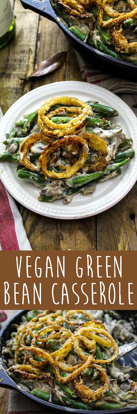 This Vegan Green Bean Casserole is creamy, crunchy & savory! It's dairy-free with a gluten-free option. Vegan Gluten Free Green Bean Casserole, Green Bean Casserole Dairy Free, Vegan Thanksgiving Casserole, Dairy Free Green Bean Casserole, Green Bean Casserole Vegan, Savory Green Beans, Casserole Vegan, Green Bean Casserole Recipe, Vegan Green Bean Casserole