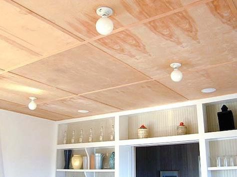 Another pic of a plywood ceiling. Hope to do this in our basement. Basement Ceiling Insulation, Basement Ceiling Ideas Cheap, Exposed Basement Ceiling, Basement Ceiling Painted, Ceiling Tiles Basement, Basement Ceiling Options, Plywood Ceiling, Low Ceiling Basement, Plywood Walls