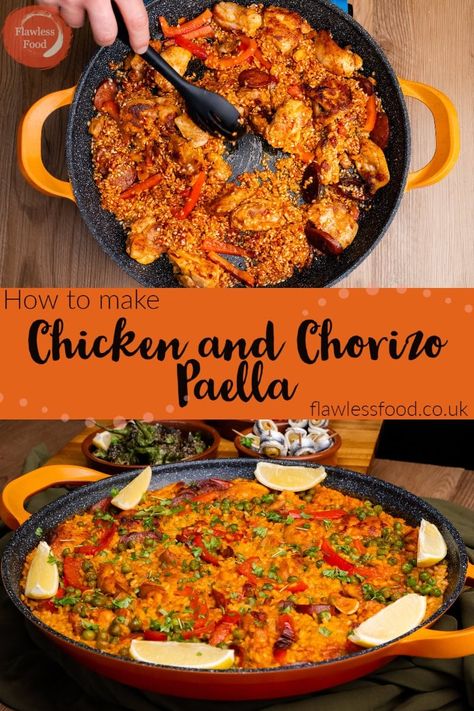 Bring the vibrant spirit of Spain to your dinner table with this delectable Chicken & Chorizo Paella recipe! Bursting with rich flavours and colourful ingredients, perfect for sharing with friends and family. Our step-by-step recipe will walk you through creating an unforgettable meal featuring tender chicken, smoky chorizo, and perfectly cooked rice – complemented by lemon wedges and fresh parsley. #ChickenChorizoPaella #SpanishCuisine #PaellaRecipe #DeliciousDinnerIdeas Spanish Pialla Recipes, Chicken And Sausage Paella, Dinner Recipes Spanish, Meat Paella Recipe, Chicken Paella Recipe Authentic, Spanish Meals Dinners, Crockpot Paella, Spain Meals, Pialla Recipes