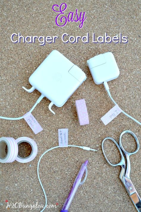 Make easy DIY charger cord labels in a few minutes. No more lost cords, and never mix up electronic cords or who owns a cord a again! H2OBungalow Charger Labels Diy, Diy Scarf Hanger, Cord Labels, Diy Home Organization Ideas, Diy Chargers, Ocd Organization, Diy Home Organization, Diy Coat Rack, Budget Friendly Diy