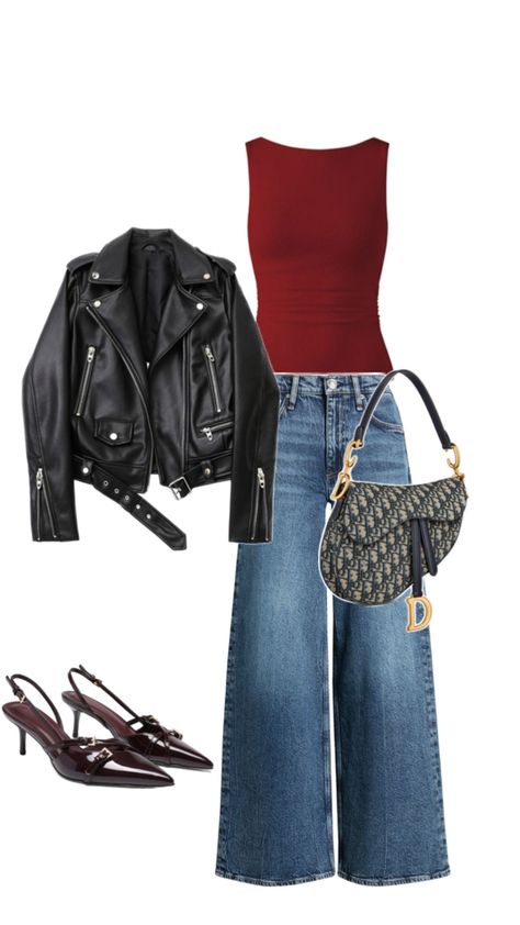 Add a touch of retro flair to your outfit with this red tank top paired with classic jeans and a sleek black leather jacket. Perfect for a trendy and edgy look. #trendy #classic #fashionlook #ootd #outfit #retro Red Tank Top Outfit, Outfit With Jacket, Red Leather Jacket Outfit, Red Top Outfit, Black Leather Jacket Outfit, Tank Top Outfit, Outfit Ideas Everyday, Outfit Retro, Leather Jacket Outfit