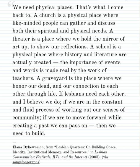 Elana Dykewomon, from “Lesbian Quarters: On Building Space, Identity, Institutional Memory, and Resources,” in Lesbian Communities: Festivals, RVs, and the Internet (2005). Elana Dykewomon, Best Lesbian Songs, Ancestry Dna Results, My Lesbian Experience With Loneliness, Physics, Word Search Puzzle, Spirituality, Mindfulness