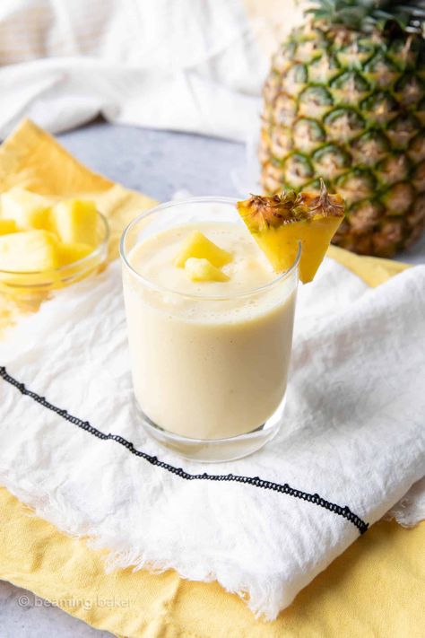 Tropical sunshine vibes in a cup with today’s pineapple smoothie! Learn how to make a pineapple smoothie with milk and yogurt in minutes! | Recipe at BeamingBaker.com Smoothie With Milk, Chia Seed Smoothie Recipes, Blueberry Spinach Smoothie, Smoothie Without Banana, Strawberry Mango Smoothie, Pineapple Smoothie Recipes, Sunshine Vibes, Sweet Smoothies, Berry Smoothie Recipe