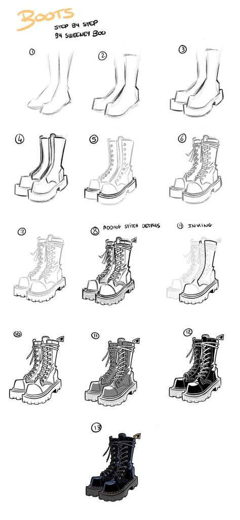 Boots Manga Drawing, Boots Tutorial Drawing, Boot Art Reference, Boots Sketch Drawing, Sweeney Boo Art, Inktober 2024 Boots, Boots Sketch Illustration Fashion, How To Draw Combat Boots, Boots Art Drawing