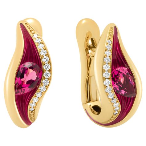 Pink Tourmaline Diamonds Enamel 18 Karat Yellow Gold Melted Colors Earrings Our new collection "Melted Colors" symbolizes a bright hot summer. Earrings seems to melt from the burning sun, Enamel in the color of the central stones 0.76 Carat Pink Tourmalines flows down the 18 Karat Gold in streams. In addition, scatterings of 26 Diamonds are fixed, highlighting the entire composition. In set with Ring LU1164113681702 and Pendant LU1164119039652. Please request a video link to check this beauty in Sunset Earrings, Burning Sun, Orange Earrings, Summer Earrings, The Burning, Amethyst Purple, Watermelon Tourmaline, Diamond Drops, Diamond Drop Earrings