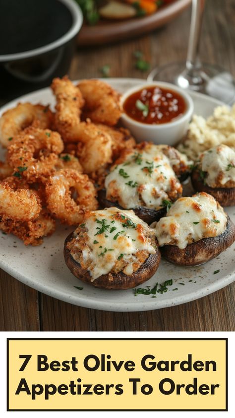 A plate of Olive Garden appetizers including crispy calamari and stuffed mushrooms served on a wooden table. Olive Garden Appetizers, Olive Garden Stuffed Mushrooms, Garden Appetizers, Delicious Starters, Crispy Calamari, Artichoke Appetizer, Dunstanburgh Castle, Fried Artichoke, Olive Garden Recipes