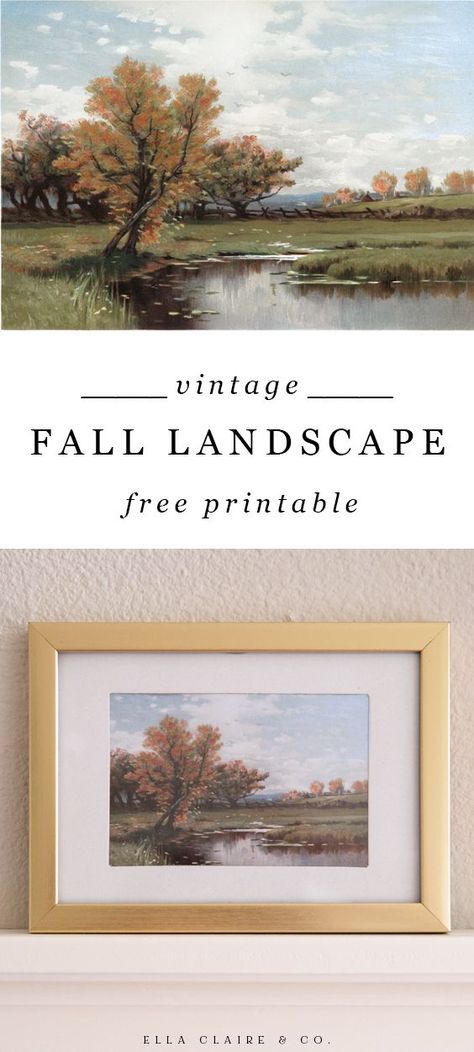 Fall Painting art for your home- A free printable vintage landscape perfect for Autumn decorating, with beautiful, deep muted tree colors and an antique countryside feel that can be printed on paper or canvas. Vintage Fall Landscape Paintings, Autumn Wall Art Free Printables, Free Fall Landscape Printables, Free Vintage Landscape Printables, Free Printable Landscape Wall Art, Vintage Fall Artwork, Free Fall Art Printables, Free Vintage Art Printables, Fall Printable Art