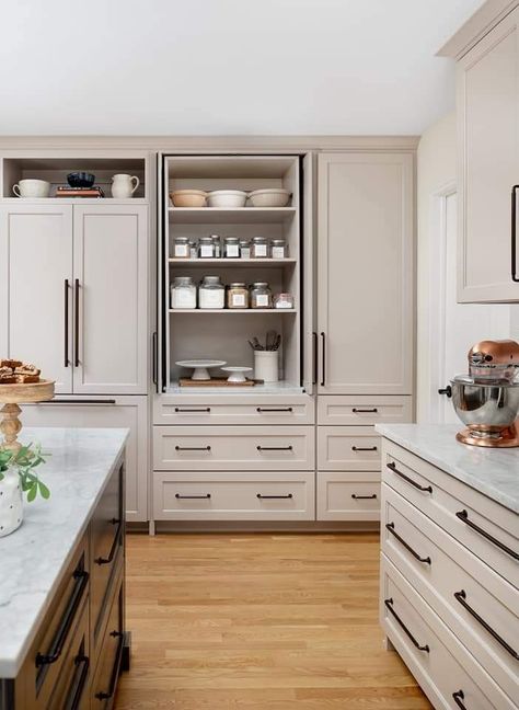 Pantry Cabinets With Countertop, Linen Color Kitchen Cabinets, Bakers Cabinet In Kitchen, Built In Kitchen Cabinets Modern, Light Painted Kitchen Cabinets, Appliance Pantry Cabinet, Pantry Cabinet In Kitchen, Kitchen Built In Pantry, Neutral Small Kitchen