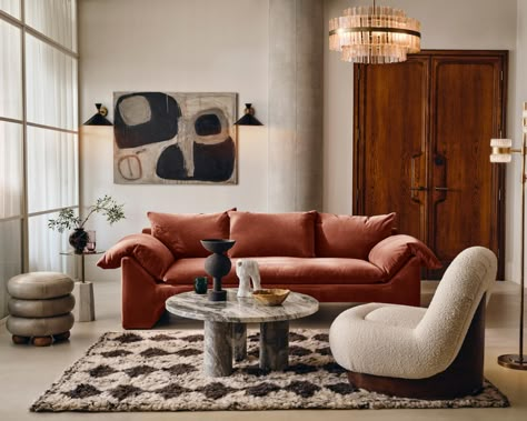 Anthropologie Aesthetic, Muse Sofa, Orange Couch, Fall Furniture, Bespoke Beds, Room Styling, Kb Homes, Living Tv, Soho Home