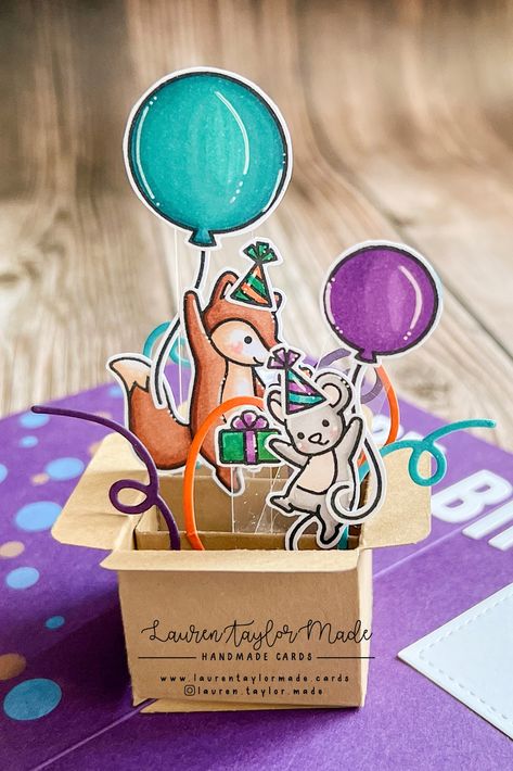 Lawn Fawn Mini Pop Up Box Cards, Lawn Fawn Shadow Box Card Ideas, Birthday Card Ideas Pop Up, 3d Card Ideas, Pop Up Birthday Cards, Pop Up Gift Card, Interactive Gifts, Happy Birthday Cards Handmade, Lauren Taylor