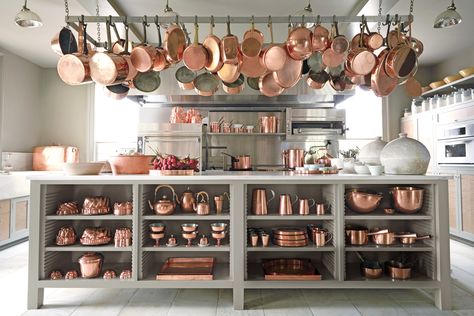 <em>Martha Stewart Living</em>'s Founding Editors Look Back at the Magazine's Most Memorable Moments Martha Stewart Copper Collection, Copper Pots Display, Copper Cutlery, Martha Stewart Kitchen, Saint Clare, Pasta Restaurant, Copper Molds, European White Oak Floors, Kitchen Copper