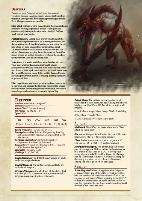 Drifter - D&D 5e Homebrew Monster Creature 5e Homebrew Monster, Homebrew Monsters, Dungeons And Dragons Races, Monster Creature, Dnd Races, Dungeon Master's Guide, Dnd Classes, Dungeons And Dragons 5e, Dungeons And Dragons Classes