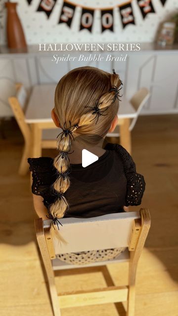 Camilla Thurman on Instagram: "Halloween hair series have begun!!! And it really is such a fun way to have fun with your daughter’s hair. They will LOVE the spooky hair 👻🎃✨💀   This spider bubble braid hairstyle was so much fun and surprisingly stayed in ALL day!! Bonus! 🕷️🕸️  Comment SPIDER HAIR and I will send you a DM to shop all the products and spiders we used.   #halloween #halloweenhair #halloweenhairstyles #halloweenhairbows #spider #spiderhair #spiderbubblebraids #bubblebraid #bubblebraids #colorfulelastics #funhair #festivehair #girlshair #girlshairstyles #girlshairstyle #spookyhair #toddlerhair #funhairstyles #momanddaughter #kidhalloween #halloweenkids #halloweenkidscostumes #trendinghair #🕷️ #🕷️🕸️ #sidepony #sideponytail" Halloween Bubble Braids, Spider Bubble Braids, Fun Toddler Hairstyles, Halloween Hair Spider, Halloween Spider Hair, Spooky Hair Day, Kids Halloween Hairstyles, Spooky Hairstyles For Kids, Halloween Hair For Kids