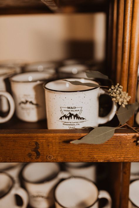 Elopement Guest Gifts, Wedding Favor Mugs, Wedding Mug Favors, Cottage Estate, Mug Wedding Favors, Eloped Wedding, Smores Kits, Fall Mountain Wedding, Muskoka Wedding