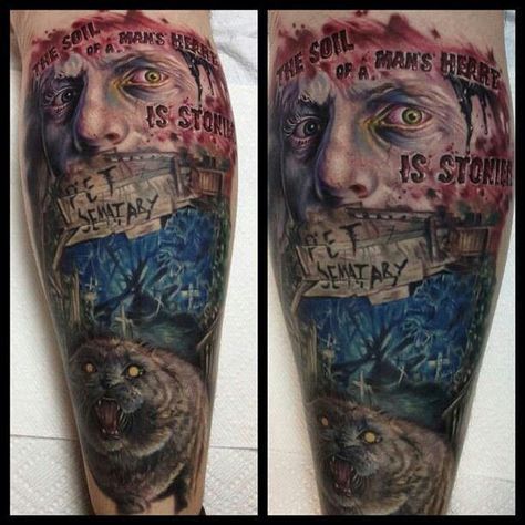 "The grounds gone sour!"  ♡Amazing Pet Sematary tattoo!♡ Pet Sematary Tattoo, Dark Tower Tattoo, Stephen King Tattoos, Tv Tattoo, Pet Cemetery, Sick Tattoo, King Tattoos, Inspired Tattoos, Pet Sematary