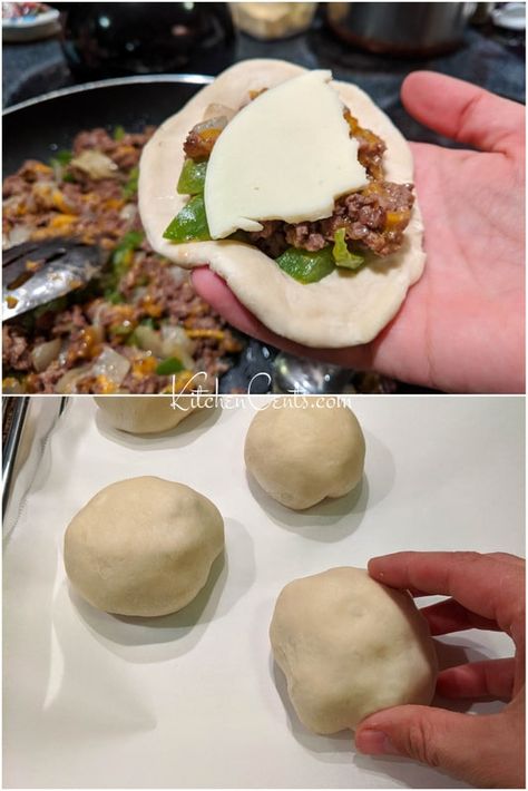 Stuffed Philly Cheesesteak Rolls perfect for game day | Kitchen Cents Philly Cheesesteak Stuffed Biscuits, Philly Cheesesteak Biscuits, Stuffed Rhodes Rolls Recipes, Stuffed Dough Recipes, Runzas With Rhodes Rolls, Stuffed Cresent Roll, Meat Stuffed Bread Rolls, Stuffed Rolls Recipe, Handheld Food Ideas