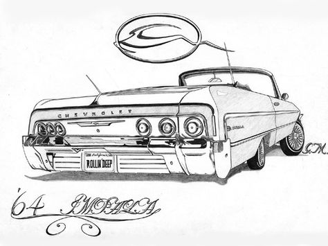 lowrider Lowrider Drawings, Cycle Painting, Kustom Kulture Art, 64 Impala, Cholo Art, Lowrider Art, Chicano Drawings, Cool Car Drawings, Cars Coloring Pages