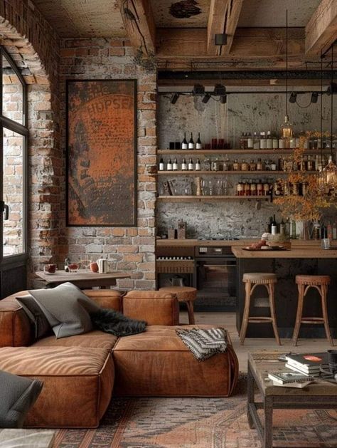 Living Room Designs Urban Modern, Industrial And Wood Decor, Industrial Style Loft Apartment, Artsy Loft Interior Design, Wood Furniture Color Ideas, Urban Design Interior, Industrial Loft Floor Plans, Brick Apartment Interior, Brick Interior Design Living Rooms