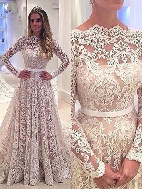 A-Line/Princess Bateau Long Sleeves Lace Court Train Wedding Dresses - Wedding Dresses 2018 - Wedding Dresses - Hebeos Online, PON1506EV948, Spring, Summer, Fall, Winter, Lace, Bateau, A-Line/Princess, Long Sleeves, Natural, Other, Court Train, hebeos.com Stile Casual Chic, Ivory Lace Wedding Dress, Simple Prom Dress, Long Sleeve Wedding Dress Lace, Long Sleeve Prom, Lace Prom Dress, Sleeve Wedding Dress, A Wedding Dress, A Line Prom Dresses