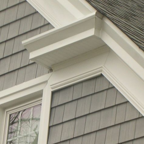 grey shingles, chunky white trim Vinyl Shingle Siding, Vinyl Cedar Shake Siding, Certainteed Vinyl Siding, Grey Vinyl Siding, Vinyl Shake Siding, Cedar Shake Siding, White Farmhouse Exterior, Exterior Gray Paint, Siding Ideas